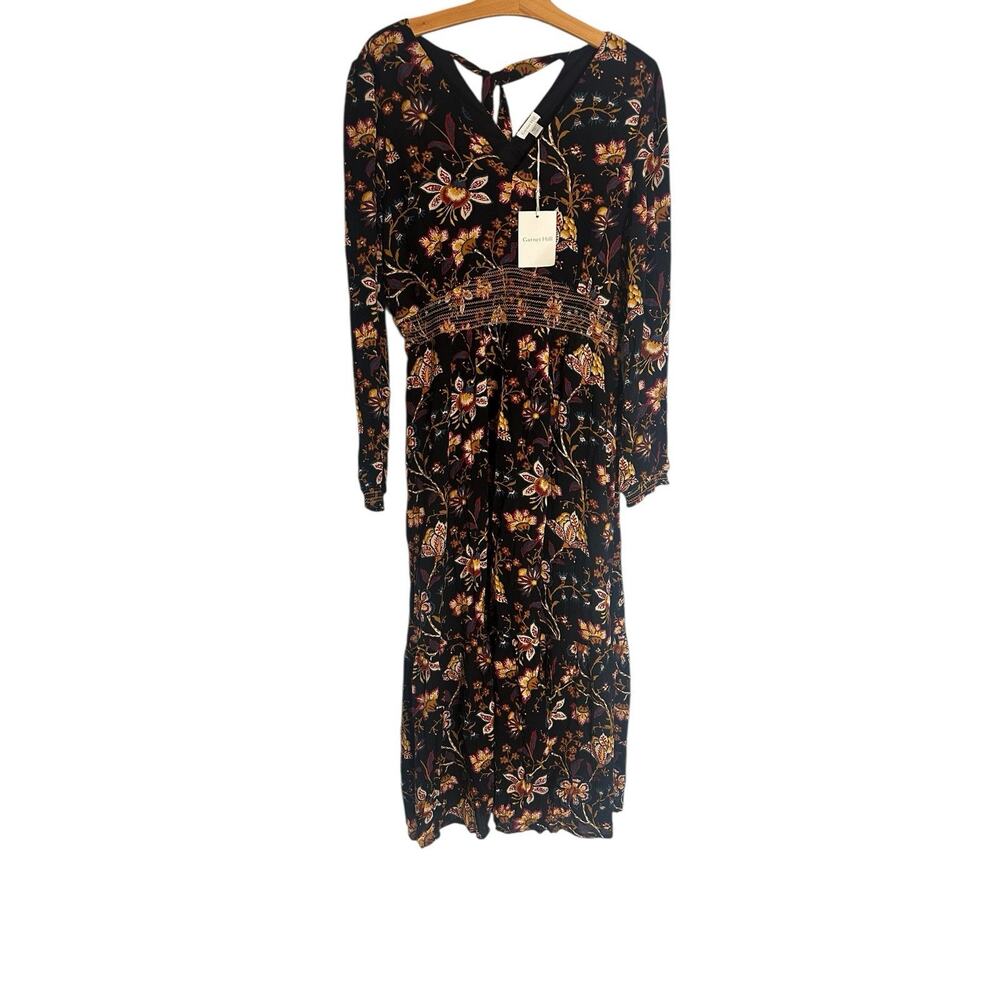 NWT Garnett Hill ECOVERO Smocked Waist Dark Floral Tiered Midi Dress Pockets 12